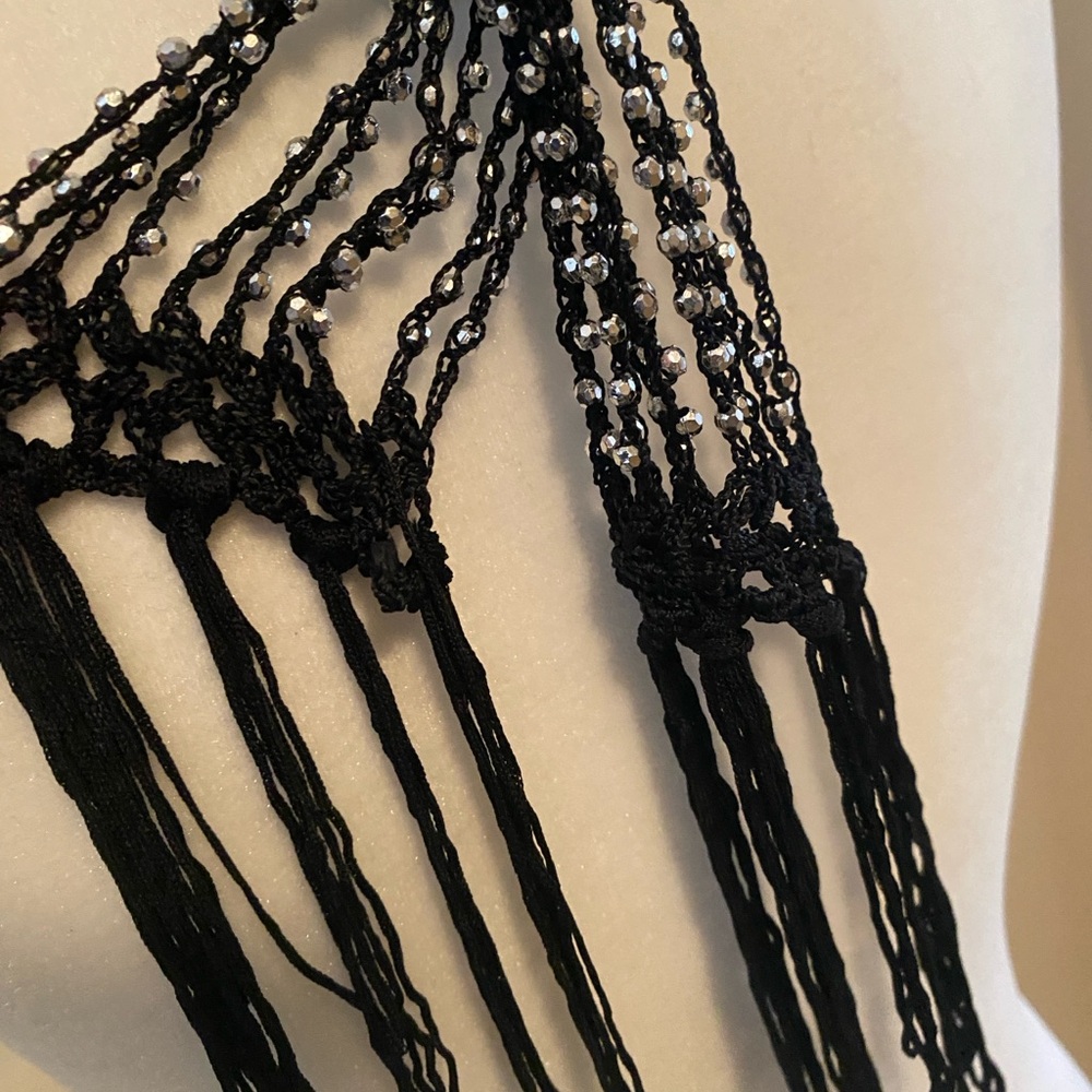 Two Pack Crocheted Beaded Necklace/Belt Jewelry Black/Silver and Blue/Silver - Picture 8 of 14